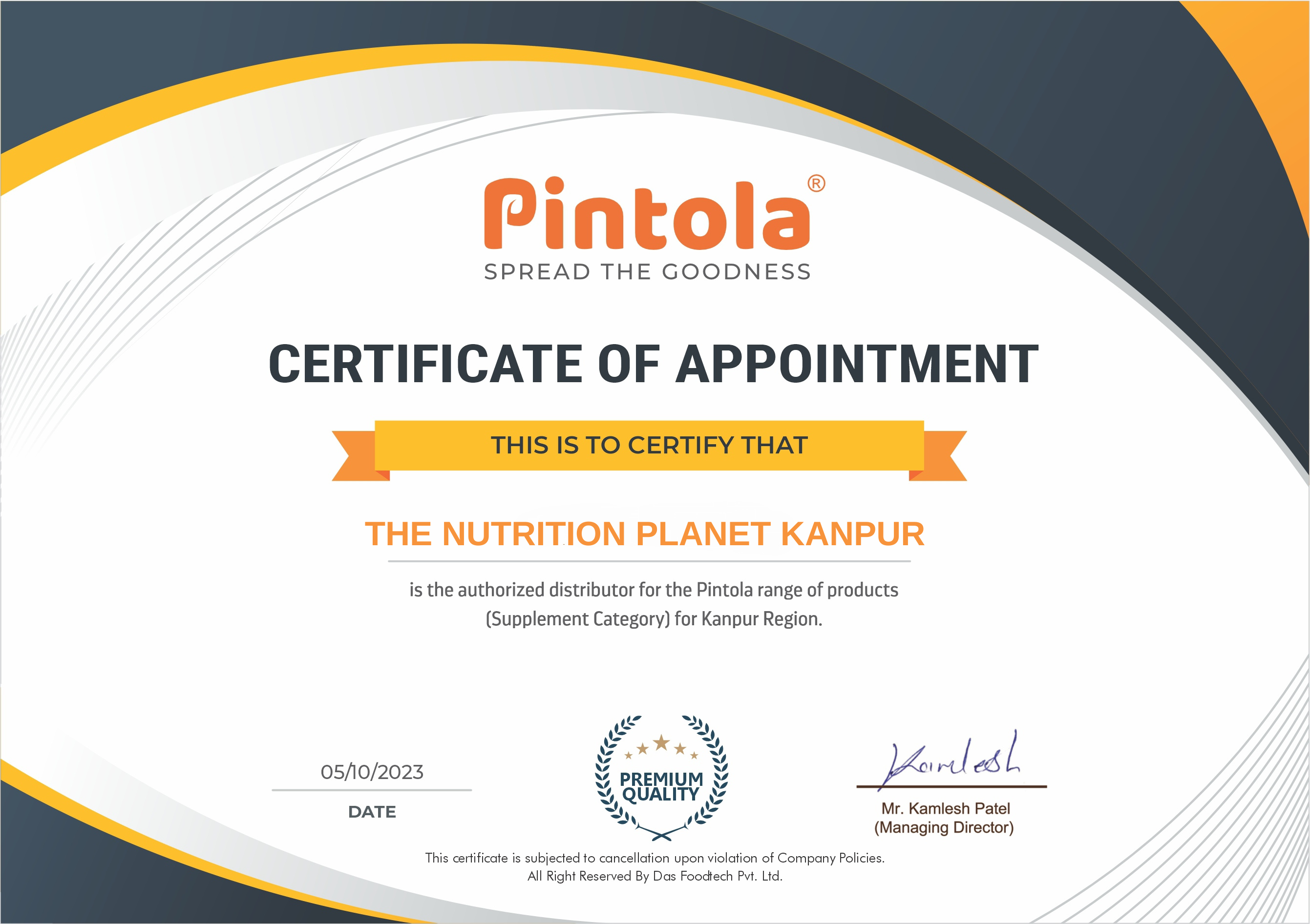 Authorised Dealer Certificate From Pintola